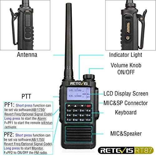 Retevis RT87 IP67 Waterproof Walkie Talkies,High Power 2 Way Radio Long Range,Rugged Two Way Radio,128 CH,Dual Band,1200mAh,Emergency Alarm,Flashlight,VOX, for School Security Church Outdoor(2 Pack)