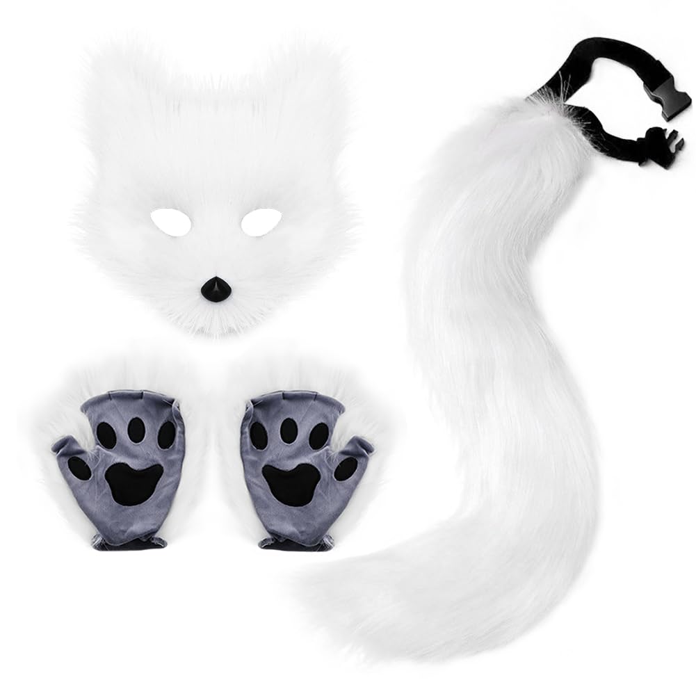 Liszdp Furry Fox Cat Mask Wolf Tail and Fingerless Faux Fur Paw Gloves Set for Women Halloween Costume Accessories
