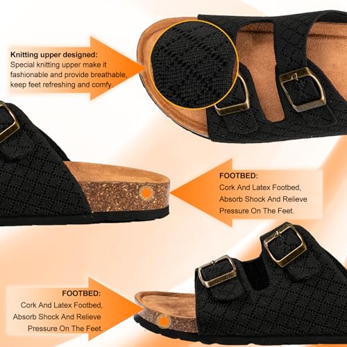 PRIMNICE Women's Comfy Arch Support Cork Footbed Adjustable Knitting Straps Indoor and Outdoor Slides Sandals
