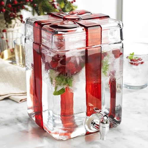 Gift Box Drink dispenser with Red Ribbon Design, Glass Beverage Dispenser For Christmas Party & decorations, Gift Ready Pa...
