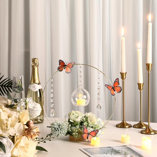Leinuosen 12 Pack 12'' Metal Floral Hoop Centerpieces Set with Wooden Stand, Hanging Candle Holder, Acrylic Crystal Pendan...