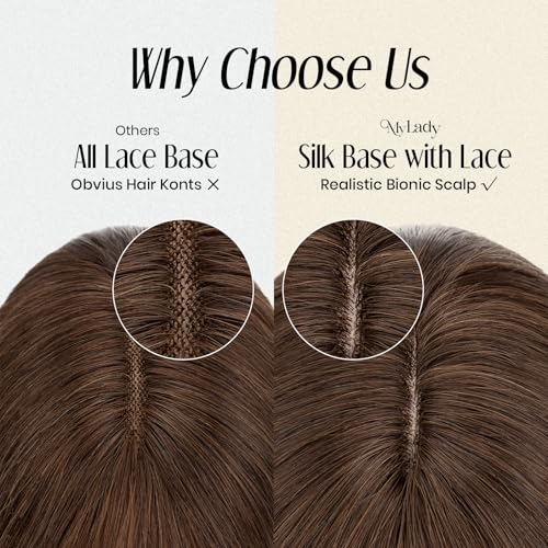 MY-LADY Human Hair Toppers for Women Real Human Hair with Bangs Thin 7 * 13CM Silk Base with Lace Clip in Straight Remy Hairpieces 150% Density 12 Inch Medium Brown