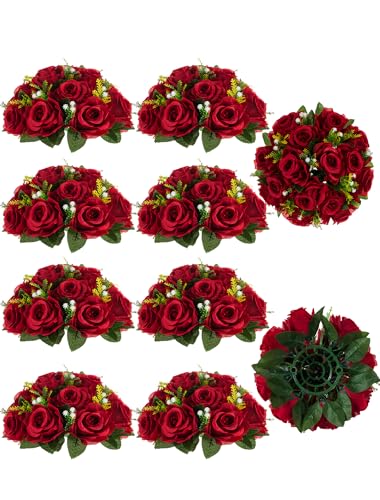 BLOSMON Flower Centerpieces for Tables Wedding: 10 Pcs Crimson Red Artificial Rose Flowers Balls Decoration - 9.5 Inch Fak...