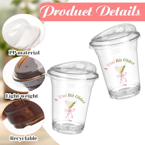 LemonRoad 50 Pack a Tini Bit Older Cups with Strawless Sip Lids 12 oz Plastic Martini Birthday Cups Martini Bow Party Deco...