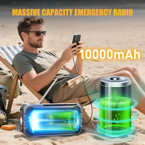 Hand Crank Emergency Radio, 10000mAh Weather Radio with AM/FM/NOAA, Solar Prower, SOS Alarm, Phone Charging, LED Flashligh...