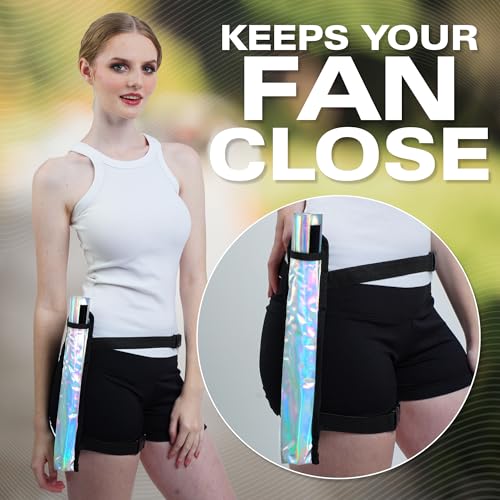 SoJourner Bags Rave Fan Holster - Hand Fan Holder & Thigh Holster for Festival Essentials - Holographic Silver