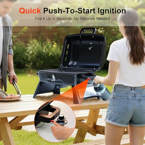 BrandMan Portable Propane Gas Grill, 1-Burner Tabletop Compact BBQ Grill with Folding Legs and Lockable Lid for Camping, T...
