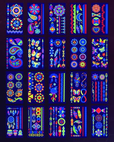 Ozepao 20 Sheets Glow in The Black Light Temporary Tattoos, Glow Party Supplies for Adults and Kids, 160+ Neon UV Glow Flu...