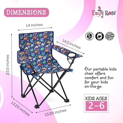 Emily Rose Kids Playful Dinosaurs Folding Beach Camp Chair Ages 2-7 - Toddler Travel Chair with Safety Lock Cup Holder & C...