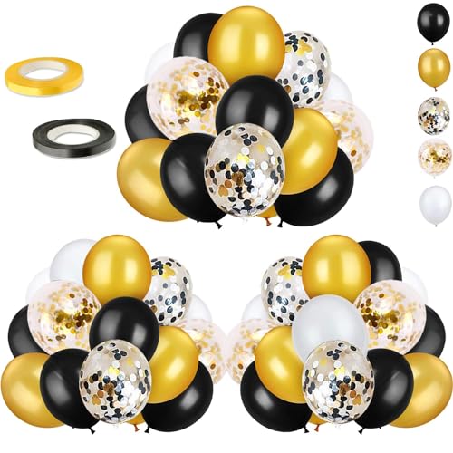72 Pack Black Gold Confetti Balloons Kit, 12 Inch Black Gold White Balloons and Gold Confetti Balloons with Balloon Ribbon...