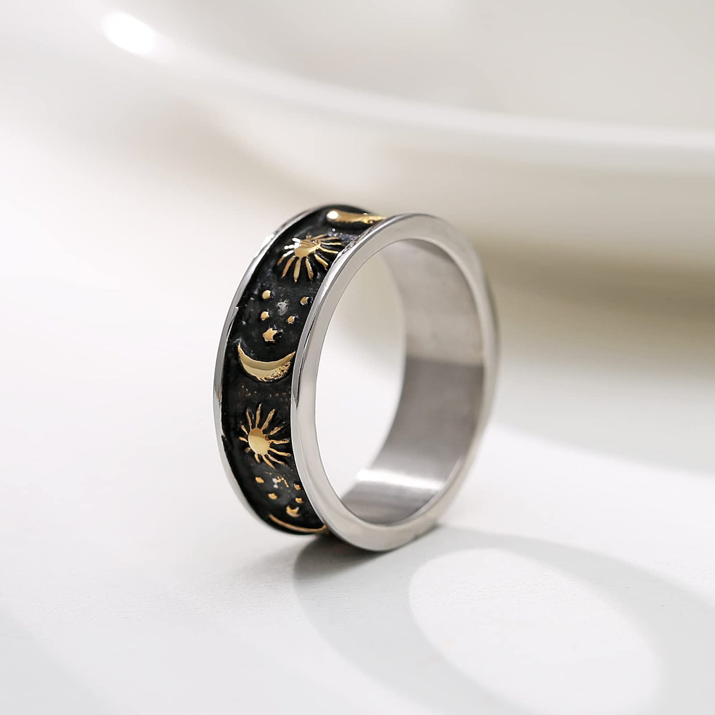 HZMAN 8mm Moon Star Sun Statement Ring Stainless Steel Boho Jewelry for Women Men (Silver & Gold, 12)