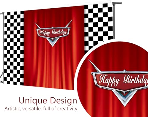 Celchvens Car Racing Happy Birthday Backdrop Decoration Black White Grid Red Curtain Background Car Themed Party Banner fo...