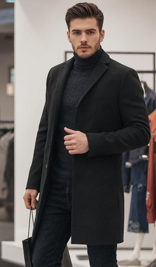 Men's Wool Blend Pea Coat Single Breasted Overcoat Warm Winter Trench Coat