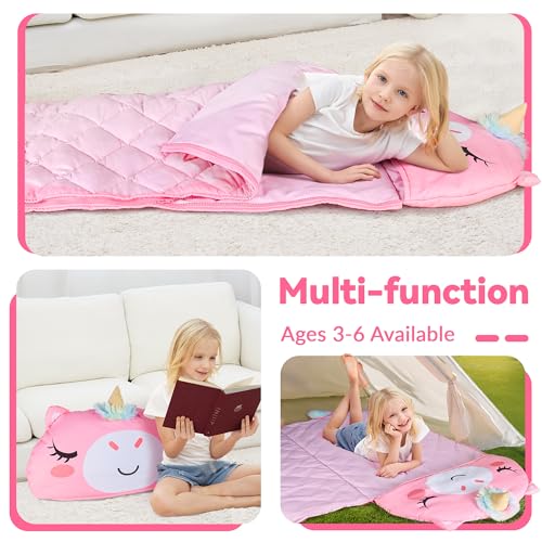 iPlay, iLearn Kid Sleeping Bag, Unicorn Slumber Sack, Toddler Girl Nap Mat, 2 in 1 Pink Animal Cushion Blanket, Happy Trav...