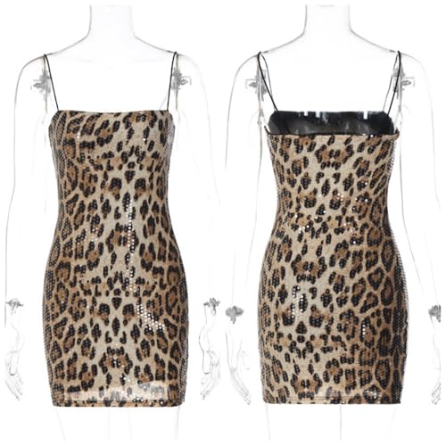ZGMYC Women's Glitter Sequin Leopard Mini Dress Sexy Sleeveless Spaghetti Strap Bodycon Dress Slim Fit Short Party Dress