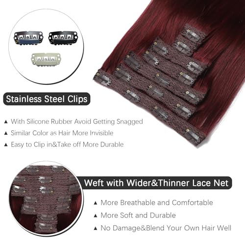 Clip in Hair Extensions Real Human Hair - 18 Inch 120g 7pcs, Burgundy Red Color - Soft Remy Human Hair Clip in Extensions Straight Double Weft for Women (#99J 18 Inch)