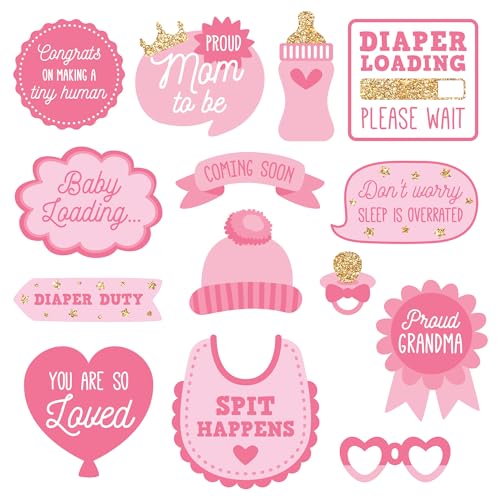 Fully Assembled Baby Shower Photo Booth Props - Set of 30 - Girl Baby Shower Selfie Signs - Pink Party Supplies & Decorati...