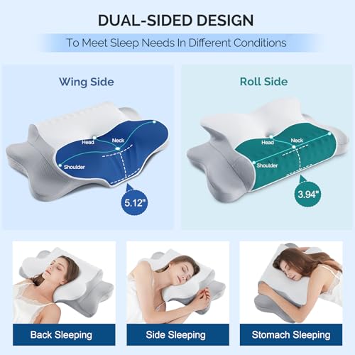 Camping Pillow Memory Foam Pillows,Cooling Ergonomic Dual-Sided Orthopedic Neck Cervical Pillow with Ice Silk Pillowcase, ...