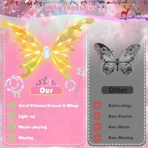 Princess Dress up Costume with Electric Fairy Wings for Girls 3-8, Light Up Moving Butterfly Wings with LED Lights&Music, ...