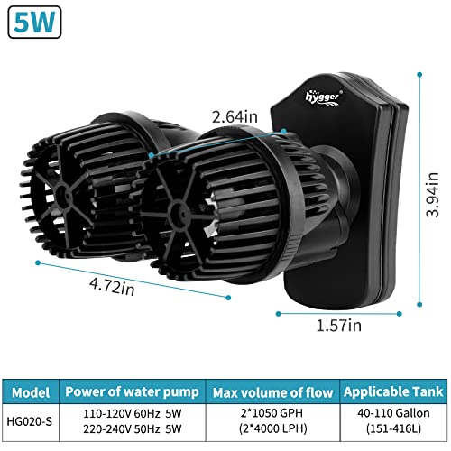 hygger 2100GPH Double Head Aquarium Wave Maker, Quiet 5W Aquarium Circulation Pump, with Strong Magnetic Suction Base, 36...