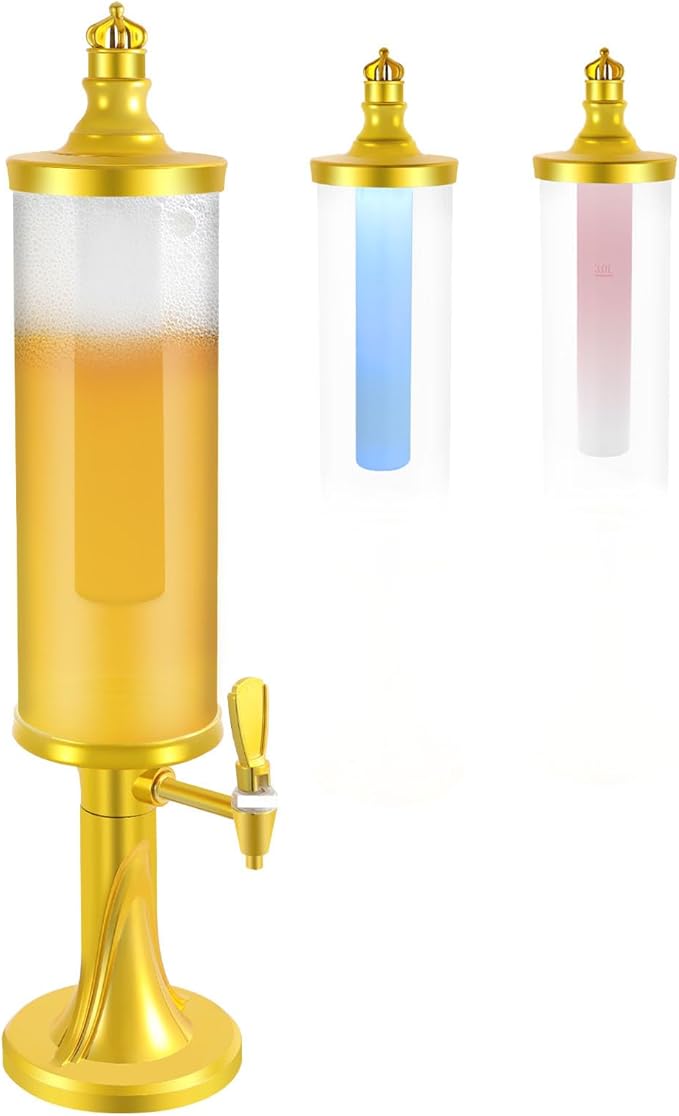 JAYGOVAN Beer Dispenser 3L/102oz Beer Beverage Dispenser with Ice Tube and LED Light Mimosa Tower with Spigot, Gold Clear ...