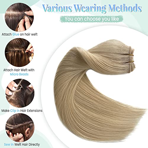 Sew in Hair Extensions Real Human Hair,Blonde Weft Hair Extensions Human Hair Bundles Hand Tied Weft Hair Extensions Human Hair 22 Inch 120G Sew in Weft Hair Extensions for Women