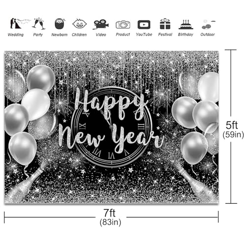 Fitumiw Happy New Year Backdrop 7x5ft Black and Silver Glitter Cheers to The New Year Party Decorations Background 2026 Ne...