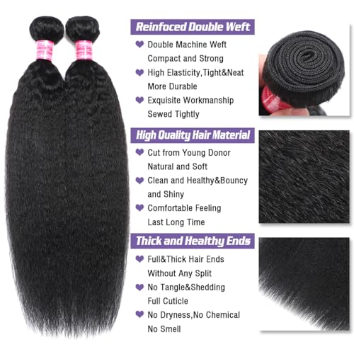 Kinky Straight Bundles Human Hair(16 18 20 Inch) Salon Quality 12A 100% Unprocessed Brazilian Virgin Silky Yaki Straight Human Hair Bundles Hair Weft for Black Women Natural Color