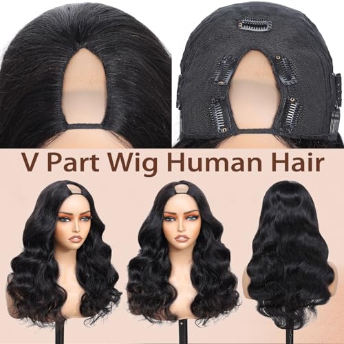 V Part Wig Human Hair Body Wave Upgrade U Part Human Hair Wig With Adjustable Drawstring 200% Density V Shape Clip In Half Wig For Women Natural Color 16 Inch