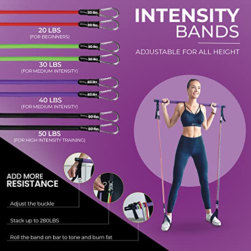 Portable Pilates Bar Kit with Resistance Bands (20, 30, 40, 50 LB) - 8 Week Video Program - Premium Quality Home Equipment...