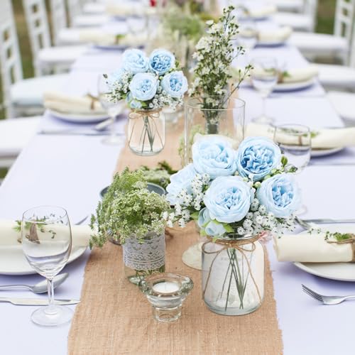 Zeyune 12 Sets Mason Jar Centerpiece Table Decorations, Artificial Peony Baby's Breath Flower Bouquets, Faux Flowers with ...