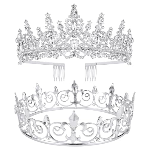 VELSCRUN 2 Pcs Tiara Crown for Men Women, Silver Crowns for Men Metal, King Queen Crown Tiaras, Prince Crown Princess Tiar...