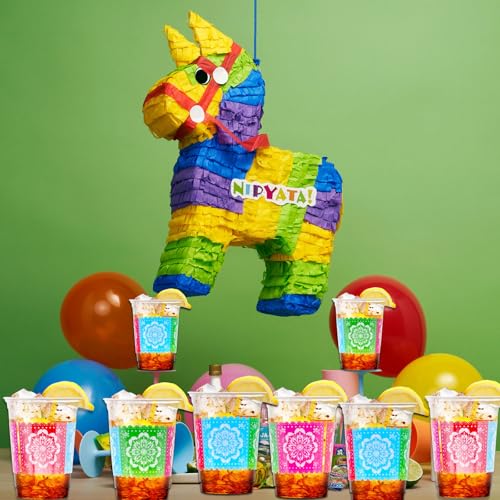 100 Count 12 oz Fiesta Plastic Cups Mexican Disposable Party Cups Cinco De Mayo Margarita Drinkware for Fiesta Cinco De Ma...