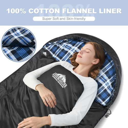 AGEMORE Cotton Flannel Sleeping Bag for Adults, Lightweight XXL Cotton Sleeping Bag for Camping Backpacking or Hiking, Wat...