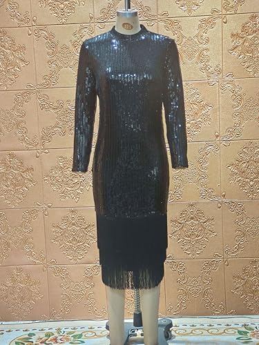 Cololura Elegant Women Sequin Short Sleeve Tassel Bodycon Midi Dress Party Evening Gown Formal Dress
