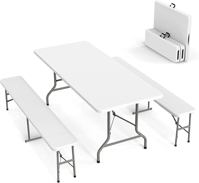 VINGLI Picnic Table Set with 2 Benches, 6 Feet Camping Table Chair Set,3-Piece Folding Furniture for Indoor or Outdoor Us...