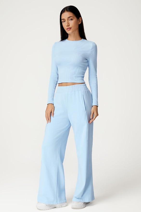 QINSEN Womens 2 Piece Sets Long Sleeve Slim Fit Crop Tops Wide Leg Pants Matching Lounge Set
