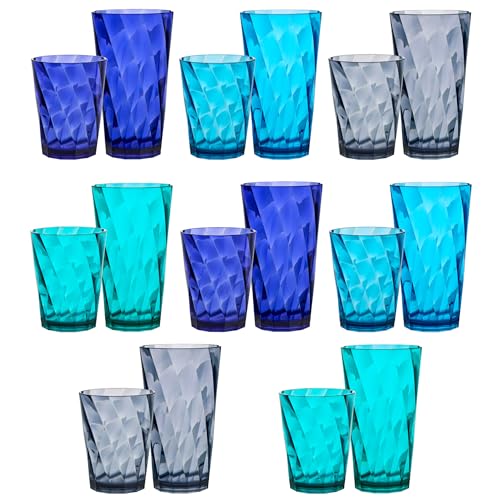 US Acrylic Optix Plastic Reusable Drinking Glasses (Set of 16) 14oz Rocks & 20oz Water Cups in Coastal Colors | BPA-Free T...