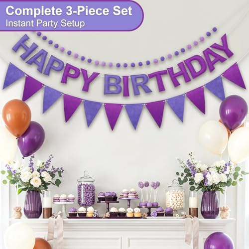 LITAUS Pre-Strung Happy Birthday Banner & Felt Garland Set - Ombre Purple Birthday Decorations for Women Men Boys Girls | ...
