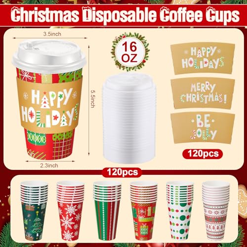 Sunnychicc 120 Sets Christmas Coffee Cups with Lids and Sleeves Stirrers Christmas Disposable Hot chocolate Cocoa Paper Cu...