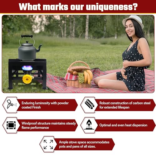Single Burner Propane Stove - Portable Cast Iron High Pressure Outdoor Propane Burner Cooker,Heavy Duty Square Stove, high...