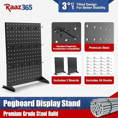 Raaz365 Pegboard Display Stand with 24 Hooks and 2 Stands for Craft Shows, Tabletop Jewelry Organizer Rack for Vendors, Ke...