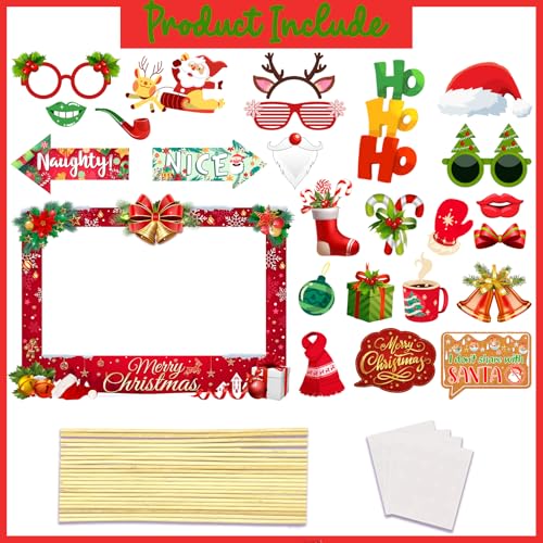 Christmas Photo Booth Props Kit, 24Pcs Fun Photo Props & Selfie Frame for Christmas Photos Decoration, Funny Santa & Ginge...