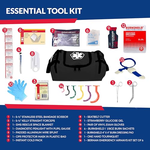 Fully Stocked Trauma First Aid Kit – First Responder II Bag with Tools, Gauze, Bandages, Scissors & Gloves – Compact & Por...