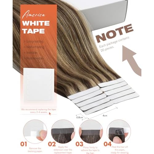 Sunny Hair Tape in Hair Extensions Real Human Hair Invisible Remy Hair Extensions Tape ins for Women Dark Brown Highlight Caramel Blonde 24 inch 20Pcs 50G