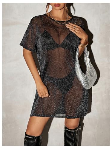 Floerns Women's Glitter Sparkly Short Sleeve Sexy Party Dress Sheer Mesh Loose Club Rave Concert Festival Short Dress