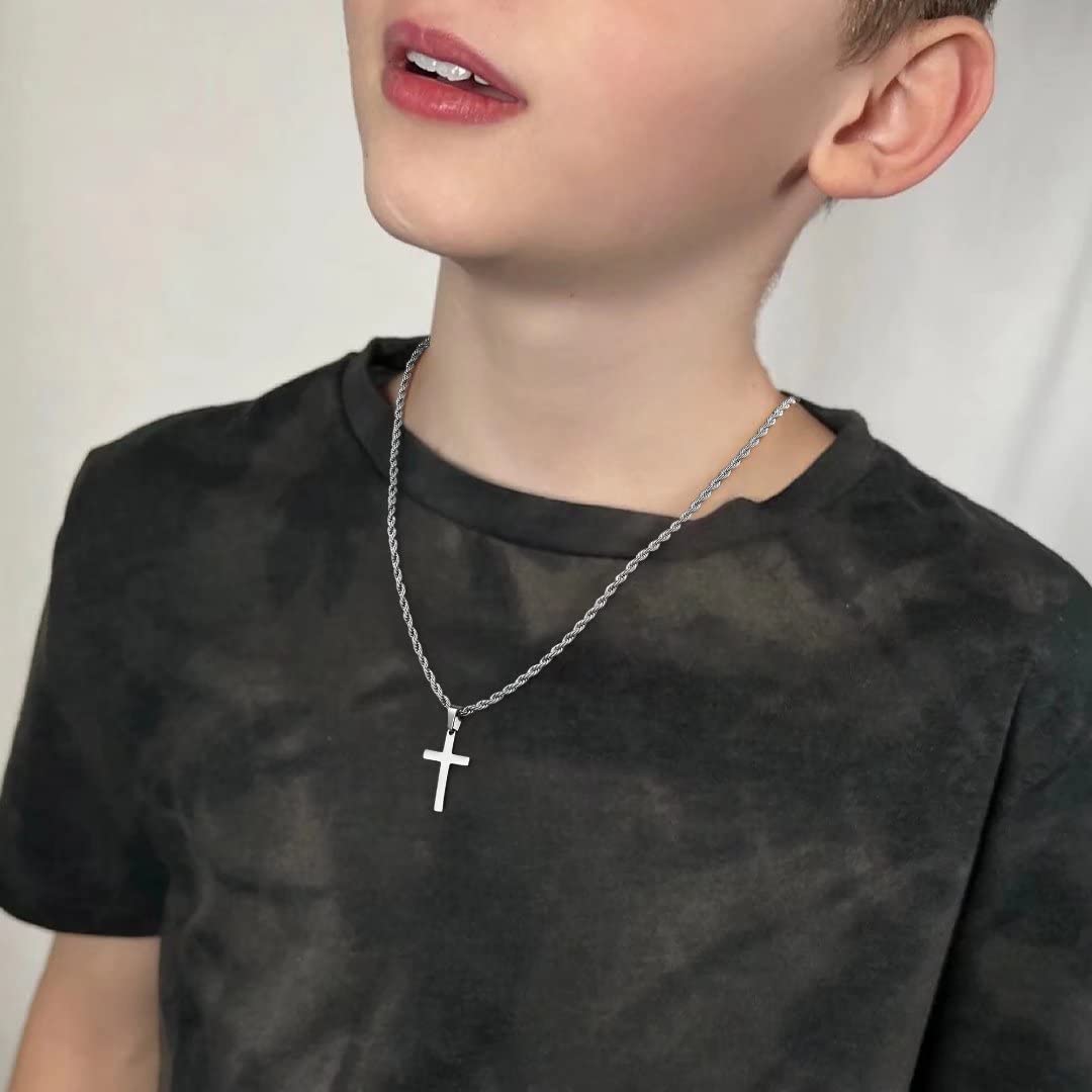 Ursteel Silver Cross Necklace for Men, Stainless Steel Silver Layered Rope Chain Cross Necklace for Men 16-18 Inch Cross Necklac