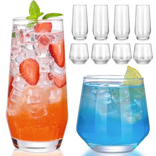 ZMOWIPDL Drinking Glasses Set of 8,Clear 13 oz & 18oz Crystal Glass Cups,Drinkware Glassware,Highball Water Tumbler,Short ...
