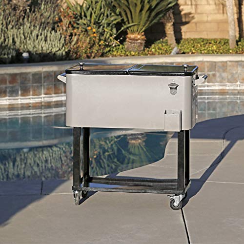 80 Quart Qt Rolling Cooler Ice Chest for Outdoor Patio Deck Party, Grey, Portable Party Bar Cold Drink Beverage Cart Tub, ...