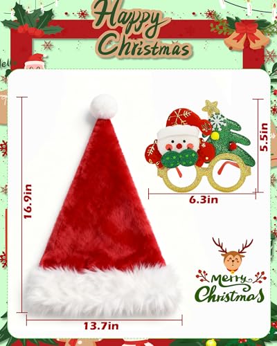 Hiwtonk LED Light Up Christmas Santa Hat with Christmas Glasses Set for Adult Xmas New Year Festive Holiday Party Headwear